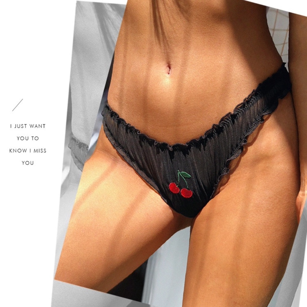 Black Ruched Fruit Applique Mesh Sheer Panties - Picture 3 of 16